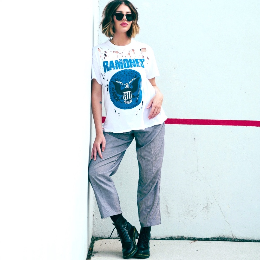 White Distressed Ramones Tee. High waisted black and white pants.
